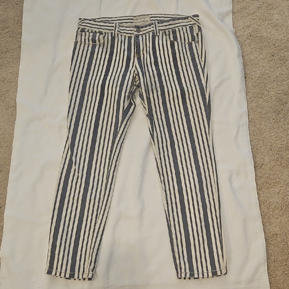 Free People Blue Denim & White Vertical Stripe Jeans Sz 29